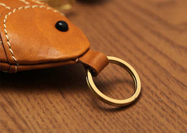 Handmade Genuine Leather Fish Coin Purse and Key Holder Vegetable Tanned Cowhide Cute Small Zipper Pouch Quality