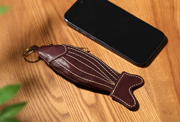 Handmade Genuine Leather Fish Coin Purse and Key Holder Vegetable Tanned Cowhide Cute Small Zipper Pouch Trendy
