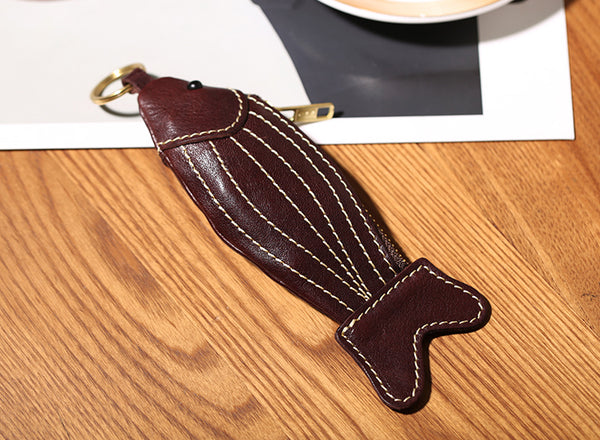 Handmade Genuine Leather Fish Coin Purse and Key Holder Vegetable Tanned Cowhide Cute Small Zipper Pouch Vintage