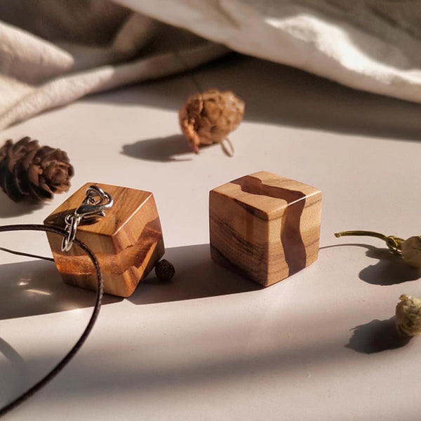 Handmade Sandalwood Resin Pendant Necklace Adjustable Wax Cord Natural Wooden Cube Jewelry for Men and Women