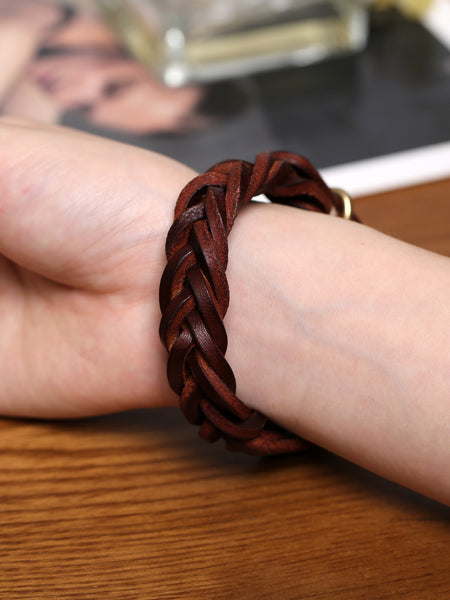 Handmade Vintage Vegetable Tanned Leather Bracelet with Brass Buckle Adjustable Unisex Wristband