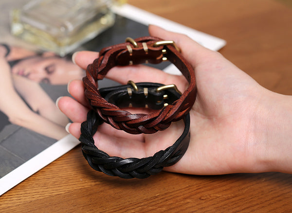 Handmade Vintage Vegetable Tanned Leather Bracelet with Brass Buckle Adjustable Unisex Wristband Classic