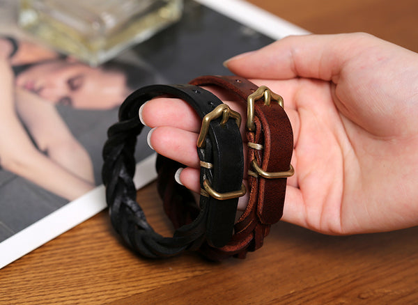 Handmade Vintage Vegetable Tanned Leather Bracelet with Brass Buckle Adjustable Unisex Wristband Classy