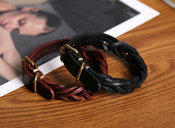 Handmade Vintage Vegetable Tanned Leather Bracelet with Brass Buckle Adjustable Unisex Wristband Cool