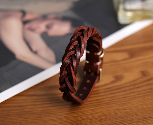 Handmade Vintage Vegetable Tanned Leather Bracelet with Brass Buckle Adjustable Unisex Wristband Designer