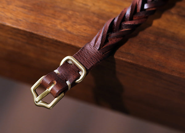 Handmade Vintage Vegetable Tanned Leather Bracelet with Brass Buckle Adjustable Unisex Wristband Durable