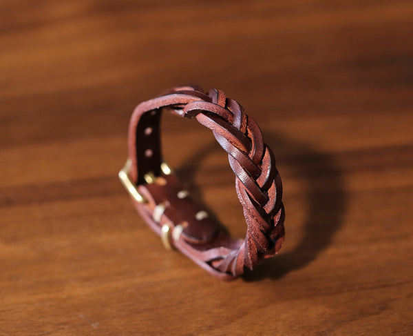 Handmade Vintage Vegetable Tanned Leather Bracelet with Brass Buckle Adjustable Unisex Wristband Genuine-Leather