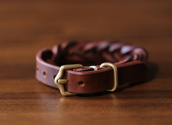 Handmade Vintage Vegetable Tanned Leather Bracelet with Brass Buckle Adjustable Unisex Wristband Gift idea