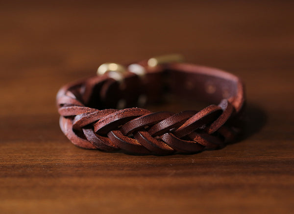 Handmade Vintage Vegetable Tanned Leather Bracelet with Brass Buckle Adjustable Unisex Wristband Girlfriend