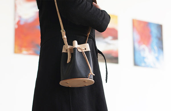 Handmade Womens Bucket Bag Genuine Leather Black Small Shoulder Purse For Women Classy