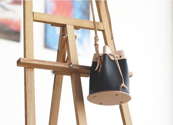 Handmade Womens Bucket Bag Genuine Leather Black Small Shoulder Purse For Women Designer