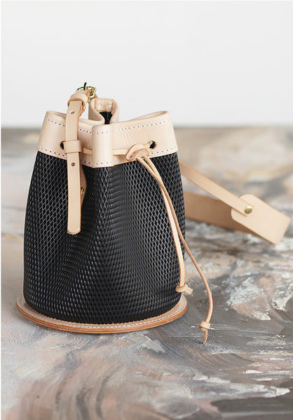 Handmade Womens Bucket Bag Genuine Leather Black Small Shoulder Purse For Women Funky