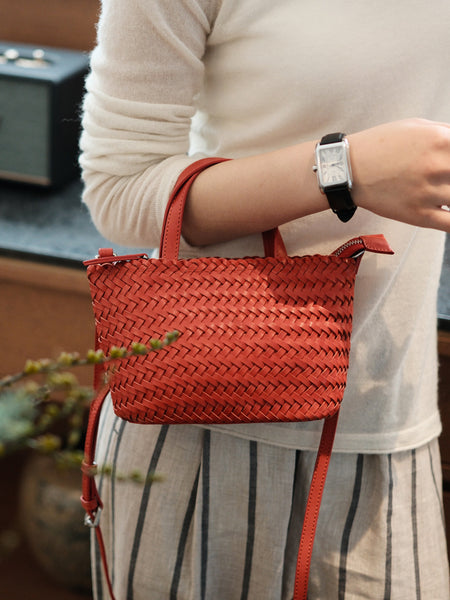 Handwoven Leather Tote Bag for Women Small Crossbody Handbag in Top Grain Cowhide