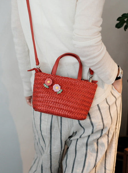 Handwoven Leather Tote Bag for Women Vintage Crossbody Handbag in Top Grain Cowhide Badass