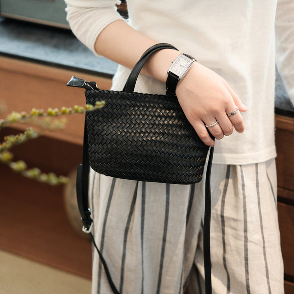 Handwoven Leather Tote Bag for Women Vintage Crossbody Handbag in Top Grain Cowhide Black
