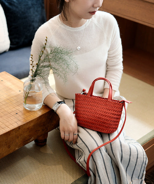 Handwoven Leather Tote Bag for Women Vintage Crossbody Handbag in Top Grain Cowhide Casual