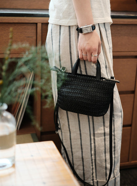 Handwoven Leather Tote Bag for Women Vintage Crossbody Handbag in Top Grain Cowhide Classy
