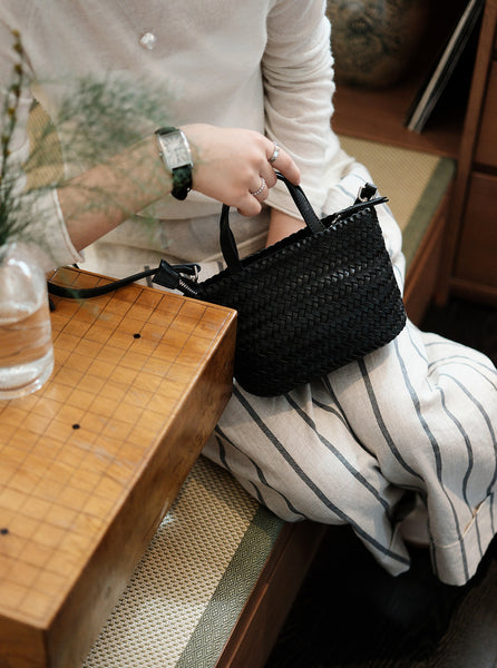 Handwoven Leather Tote Bag for Women Vintage Crossbody Handbag in Top Grain Cowhide Cool