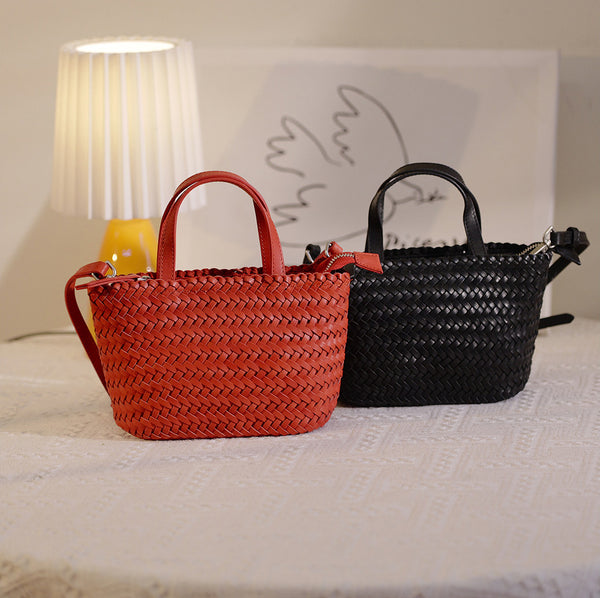 Handwoven Leather Tote Bag for Women Vintage Crossbody Handbag in Top Grain Cowhide Cute