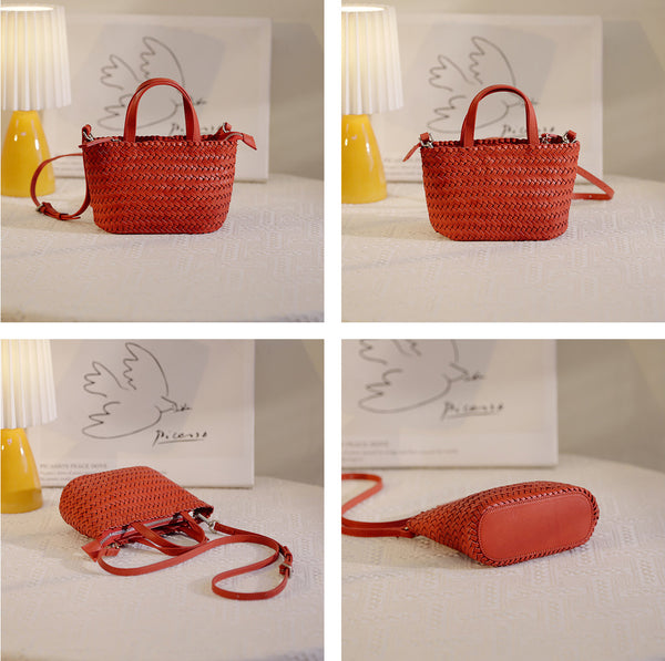 Handwoven Leather Tote Bag for Women Vintage Crossbody Handbag in Top Grain Cowhide Fashion