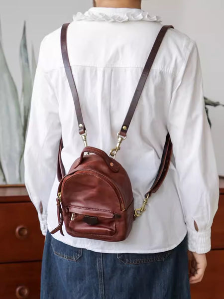 Ladies Cute Leather Mini Backpack Purse Brown Leather Rucksack Bag Badass