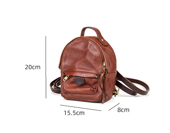 Ladies Cute Leather Mini Backpack Purse Brown Leather Rucksack Bag Size