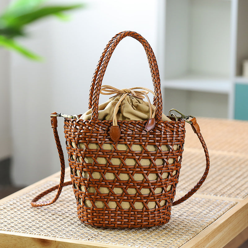 Ladies Woven Leather Shoulder Bucket Bag Small Handbags For Women Casual