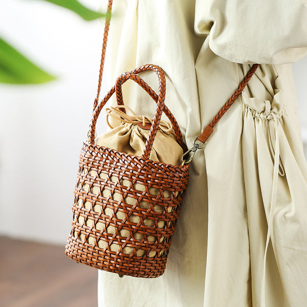 Ladies Woven Leather Shoulder Bucket Bag Small Handbags For Women Chic