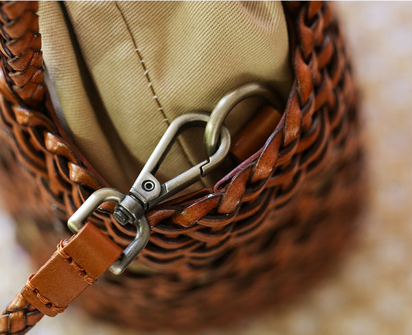Ladies Woven Leather Shoulder Bucket Bag Small Handbags For Women Handmade