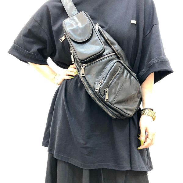 Large Women's Black Leather Sling Bag Chest Bag For Women Affordable