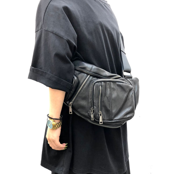 Large Women's Black Leather Sling Bag Chest Bag For Women Back