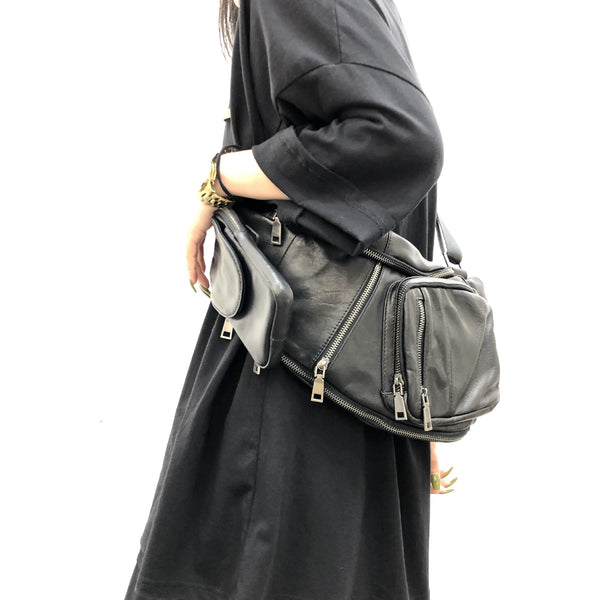 Large Women's Black Leather Sling Bag Chest Bag For Women Badass