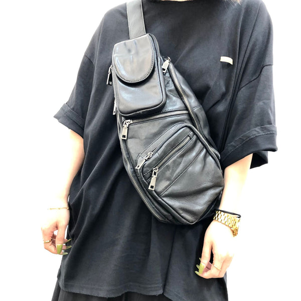 Large Women's Black Leather Sling Bag Chest Bag For Women Beautiful