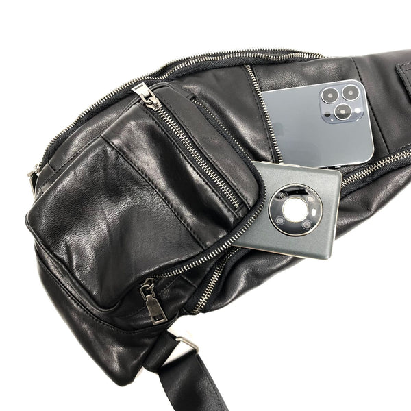 Large Women's Black Leather Sling Bag Chest Bag For Women Capacity