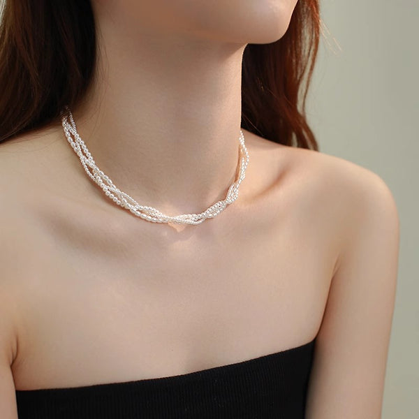 Layered Faux Pearl Choker Necklace 14K Gold Plated Dainty 2-3mm Beads Adjustable 38+5cm