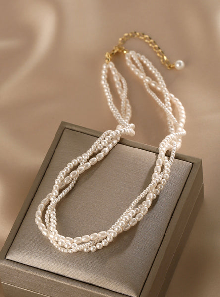 Layered Faux Pearl Choker Necklace 27K Gold Plated Classic