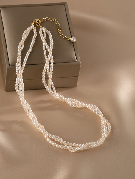 Layered Faux Pearl Choker Necklace 28K Gold Plated Classy