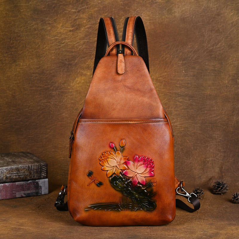 Ladies Patterned Rucksack Lotus Pattern Ladies Leather Backpack Purse Ladies Small Leather Rucks ...