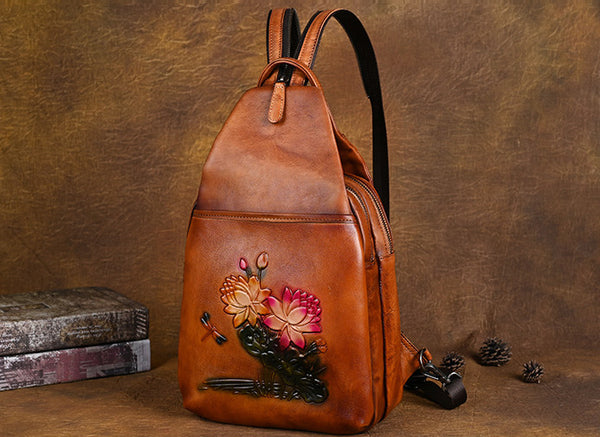 Lotus Pattern Ladies Leather Backpack Purse Ladies Small Leather Rucksack Best