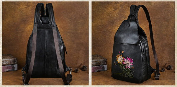 Lotus Pattern Ladies Leather Backpack Purse Ladies Small Leather Rucksack Black