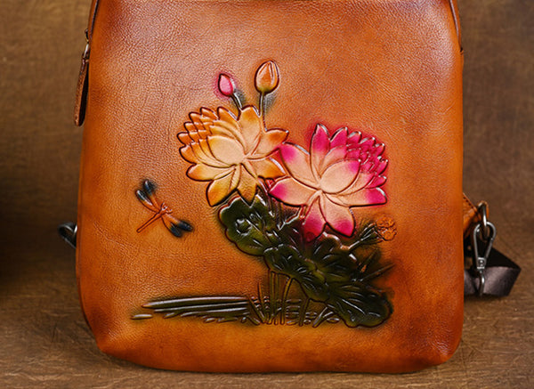 Lotus Pattern Ladies Leather Backpack Purse Ladies Small Leather Rucksack Brown