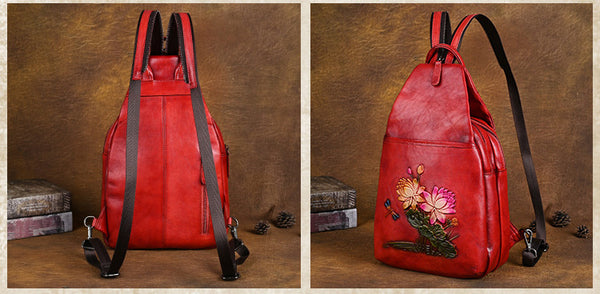 Lotus Pattern Ladies Leather Backpack Purse Ladies Small Leather Rucksack