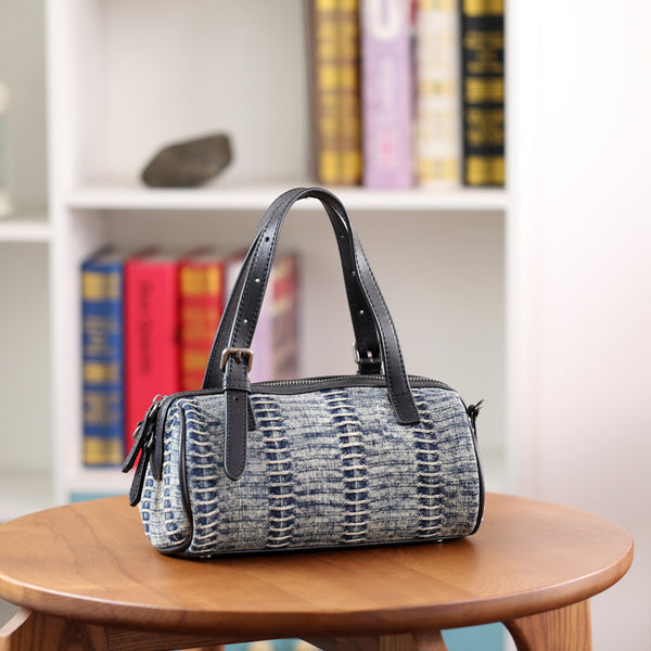 Mini Denim Barrel Bag for Women Vintage Canvas Top Handle and Crossbody Handbag Badass