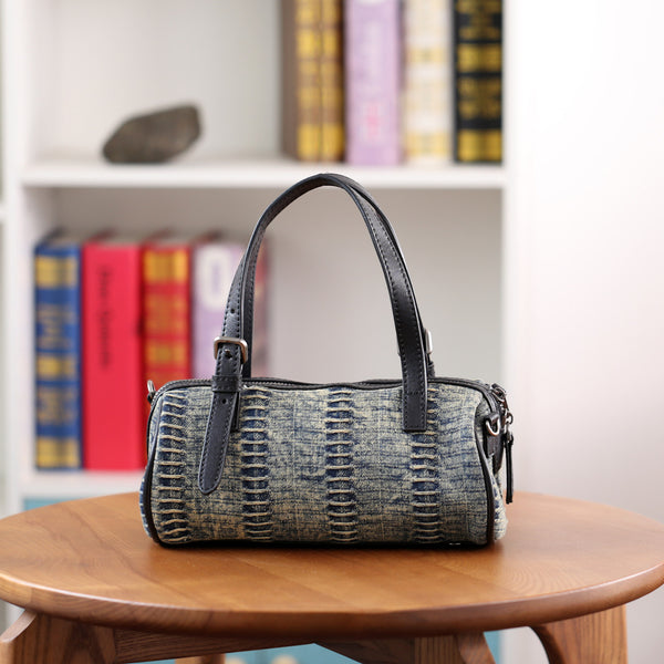Mini Denim Barrel Bag for Women Vintage Canvas Top Handle and Crossbody Handbag Beautiful