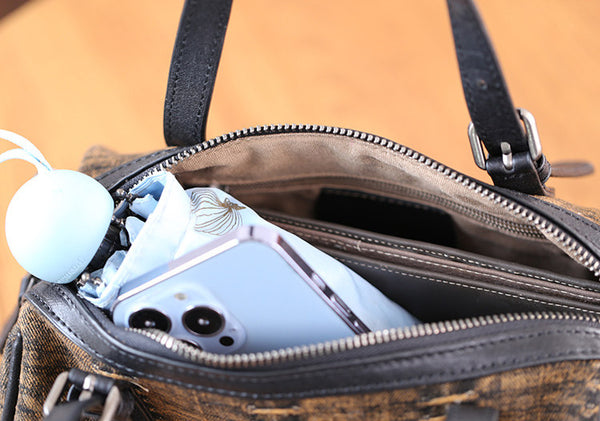 Mini Denim Barrel Bag for Women Vintage Canvas Top Handle and Crossbody Handbag Capacity