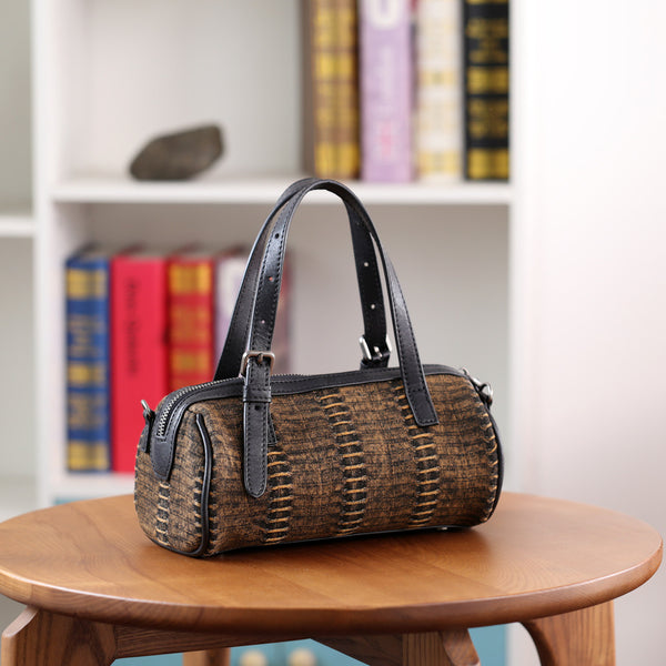 Mini Denim Barrel Bag for Women Vintage Canvas Top Handle and Crossbody Handbag Chic