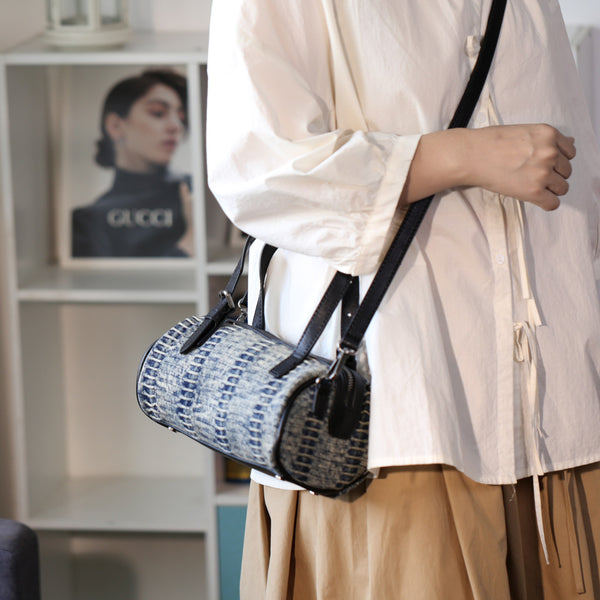 Mini Denim Barrel Bag for Women Vintage Canvas Top Handle and Crossbody Handbag Classic