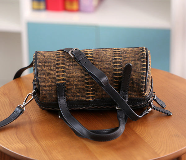 Mini Denim Barrel Bag for Women Vintage Canvas Top Handle and Crossbody Handbag Cute
