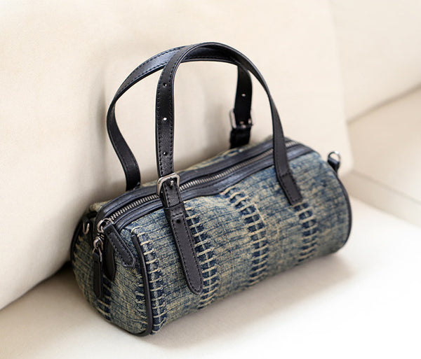 Mini Denim Barrel Bag for Women Vintage Canvas Top Handle and Crossbody Handbag Designer