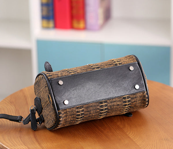 Mini Denim Barrel Bag for Women Vintage Canvas Top Handle and Crossbody Handbag Details